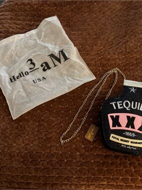 Black Crossbody Bag with Pink Patch & Gold Chain